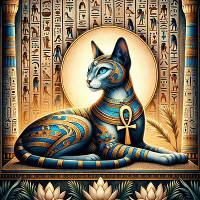 The primary subject of the image is a cat, which is sitting on a surface with a gold and blue color scheme. The setting appears to be a temple or a similar environment, as the cat is surrounded by hieroglyphics and Egyptian symbols. The visual style of the image is a combination of digital art and illustration, creating a unique and eye-catching scene. The dominant colors in the image are gold and blue, which contribute to the overall atmosphere of the scene.